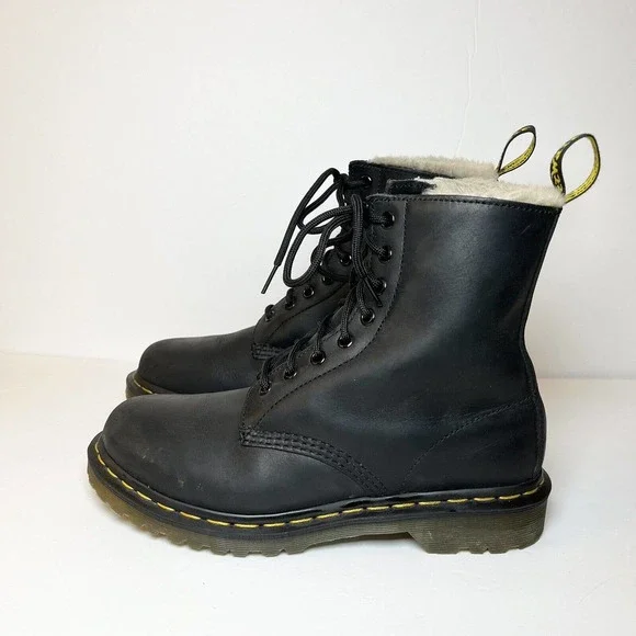 Dr Martens Boots Size 8 Black Leather 1460 Serena Faux Fur Lined Lace Up - Picture 6 of 14